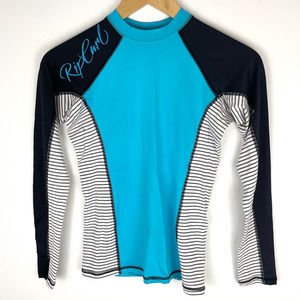Rip Curl Striped Long Sleeve Surf Rash Guard Swim Top In Blue Black Size Small
